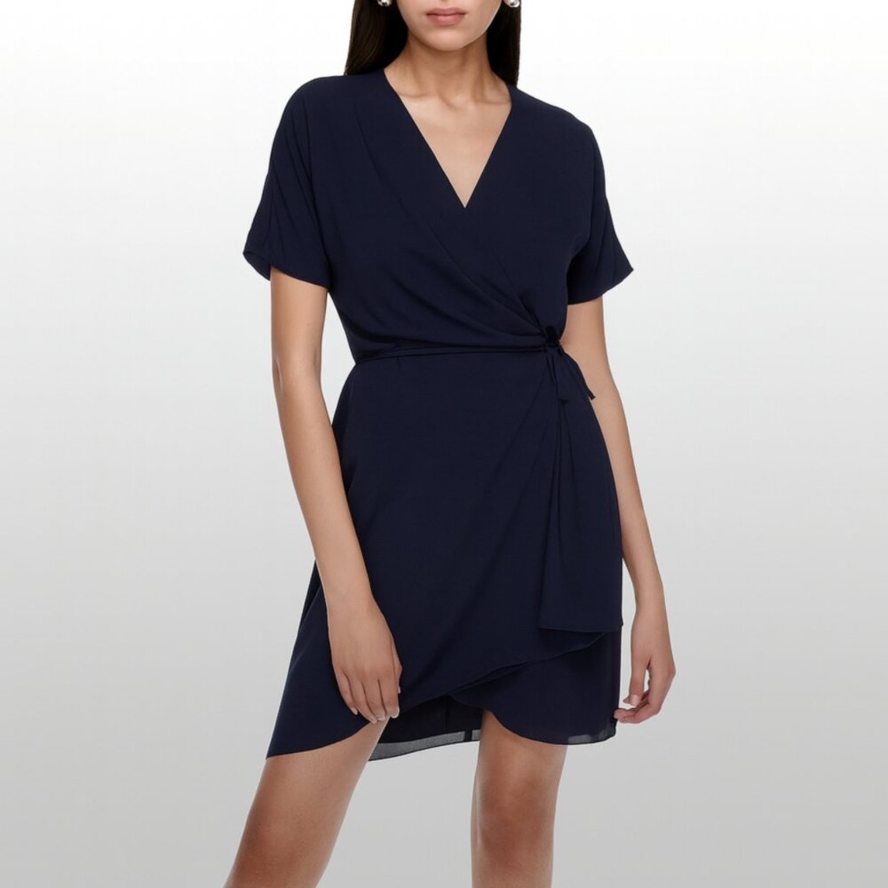 Babaton Aritzia Navy Wrap Dress XXS Short Sleeve Belted Minimalist Chic